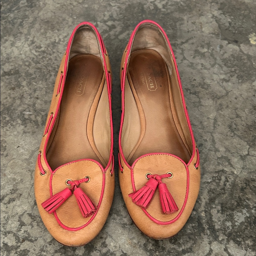 Coach Tan and Red Tassel Loafers